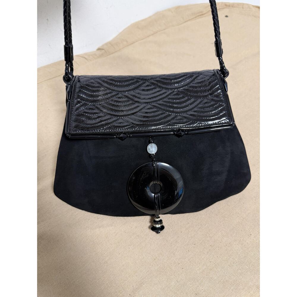 Vintage Yves Saint Laurent Rive Gauche Shoulder Bag Womens Black Suede Beaded